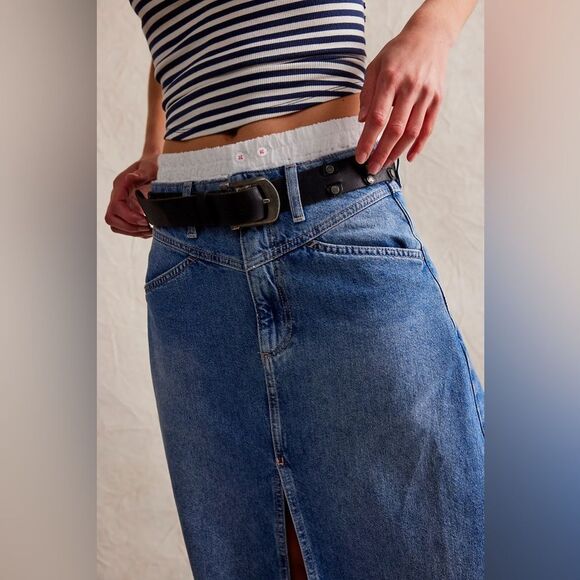 NEW FREE PEOPLE come as you are denim maxi skirt in sapphire with slit - Picture 2 of 4